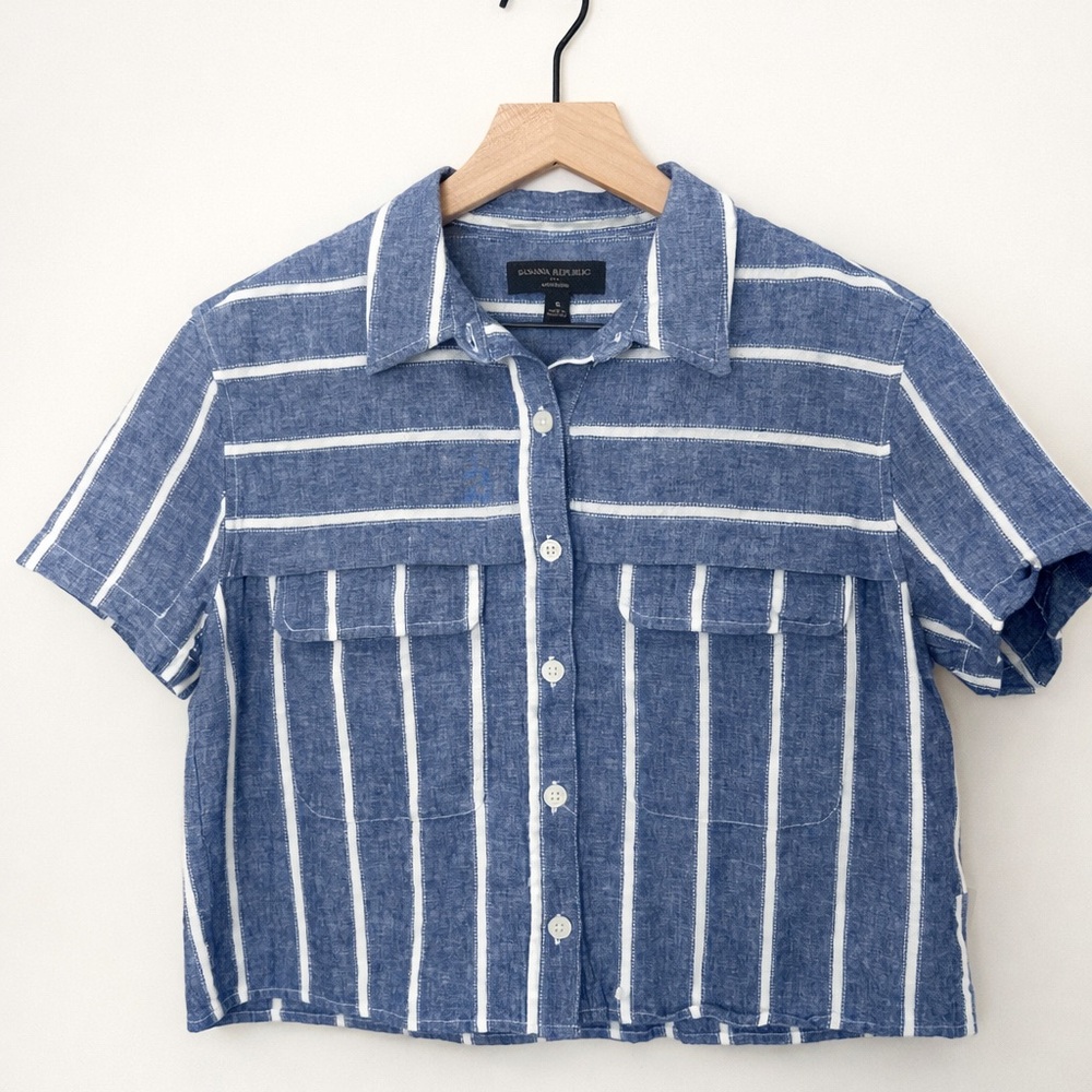 Banana Republic Cropped Button Up Shirt Blue White Stripe Linen Cotton Small